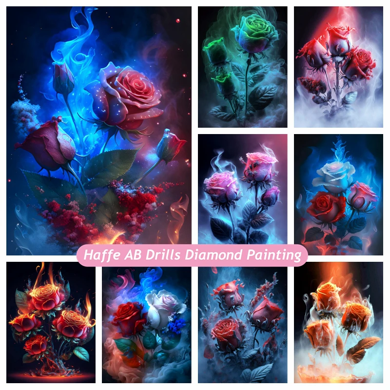 

5d Diamond Painting AB Drills Flowers Roses Art Full Drills Fantasy Flames Rose Crystal Mosaic Cross Stitch Home Decor