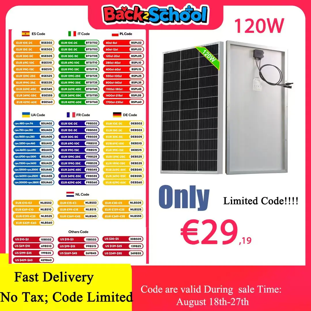 Panneau solaire 12V 120W 240w panneau solaire monocristallin avec cadre en aluminium, module photovoltaïque pour batterie au lithium 12V