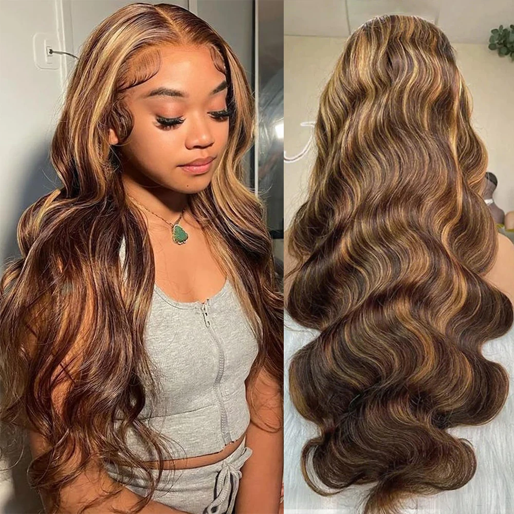 34 Inch Honey Blonde Ombre Body Wave Lace Front Wigs Human Hair 200 Density 4/27 Highlight 13x4 Lace Front Natural Black Wig Human Hair for Women Glueless Wigs Human Hair Pre Plucked HD Lace Frontal Wig