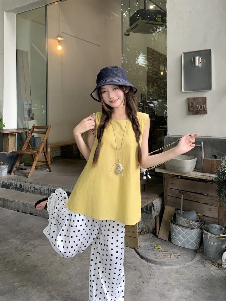 

Женский повседневный летний комплект: топ-камизоль в нежном стиле с завязками на спине и широкие брюки в горошек, комплект из 2 предметов для повседневной носки