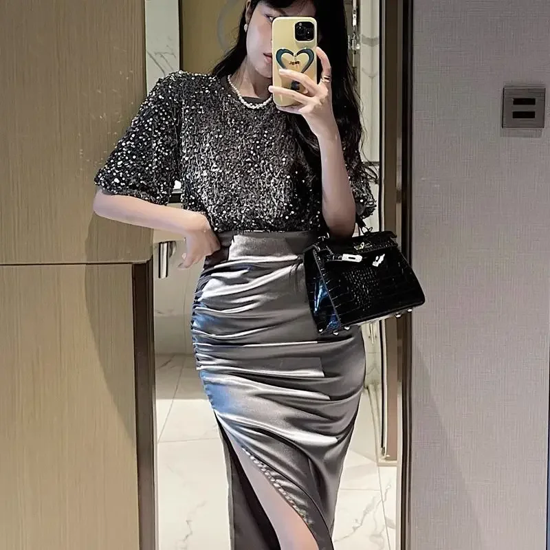 2 Pieces Sets for Women Long Short Sleeve Maxi Sequin Woman Outfit Night Club Mature Sexy Slit Skirt Y2k Streetwear Stylish Full