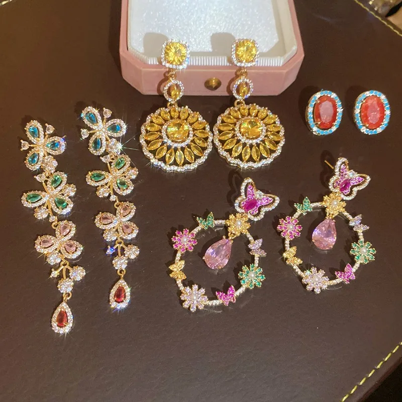 

Minar New Vintage Multiple Candy Color Full CZ Cubic Zirconia Flower Water Drop Butterfly Wings Long Dangle Earrings for Women
