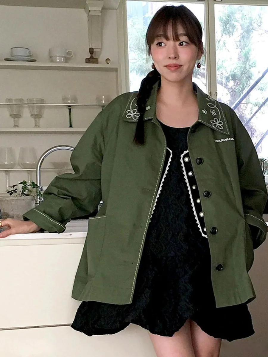 Authentic Noxiao La Spring 2026  Brand VOCA Embroidered Wide Loose Style Windbreaker Jacket Korean Straight Cut Long ...