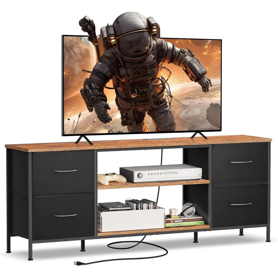 TV Stand for Bedroom and Living Room with 4 Drawers and Open Shelves Fits TVs up to 55 Inch Black and Rustic Brown Wooden Enter