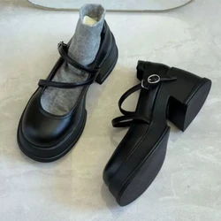 Women Loafers Retro Brown Mary Jane Shoes Women Thick Heels Ankle Buckle Lolita Shoes Woman Uniform Pu Leather Pumps Shoe Female