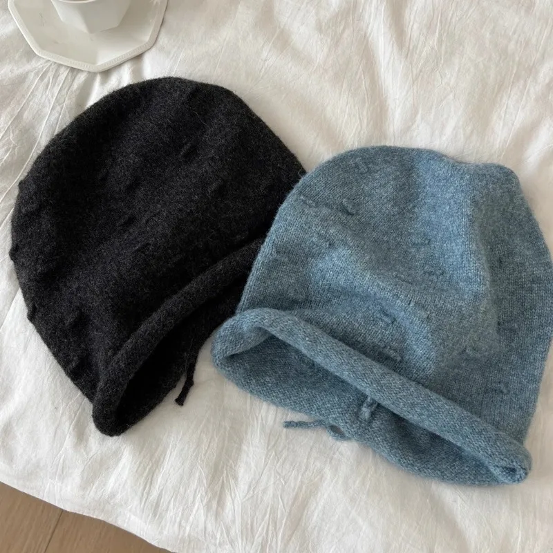 Curling Lazy Wind Drawstring Stacking Hat Outdoor Knitted Wool Pullover Solid Color Ear Protector Cold Warm Hat Baotou Women