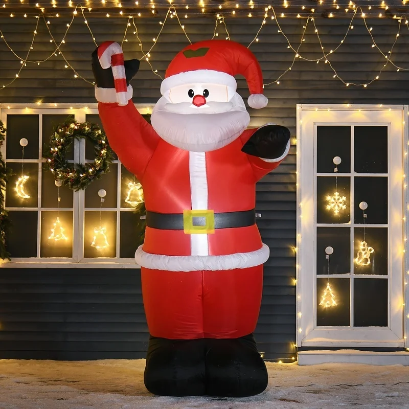HOMCOM 8ft نفخ سانتا كلوز مع قصب الحلوى، نفخ في الهواء الطلق LED ديكورات للباحة، مناسبة لحفلة حديقة الحديقة