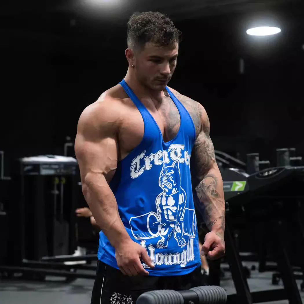 Young 2024 American new gym men\'s I-vest sports fitness hurdle sleeveless cotton loose running vest