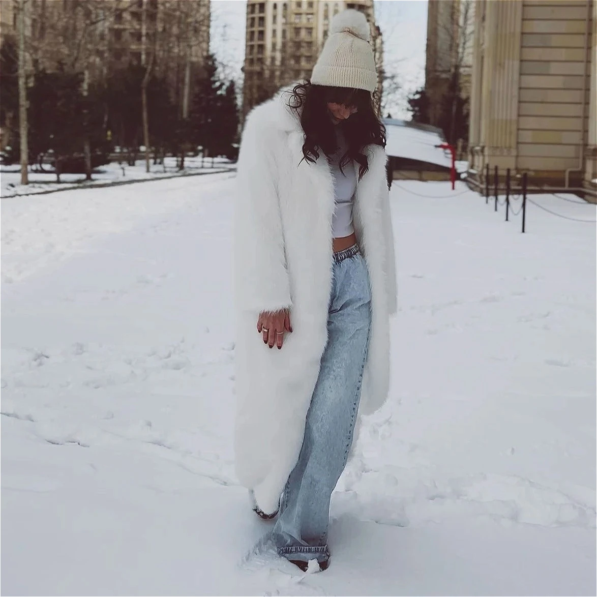 

Maxi Long Faux Fur Coat Autumn Winter Women Large Jacket Overcoat Y2k Turn Down Collar Pockets Thick Coat Warm Jackets Coats