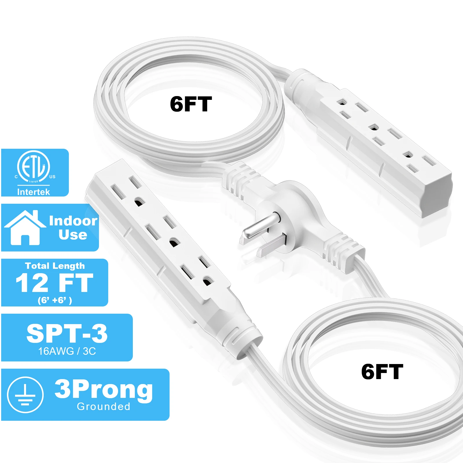 12 ft. Dual Extension Power Cord 6 ft. per side with 6 AC Outlets Flat End Extension Splitter , 16AWG Power Plate for Indoor Use