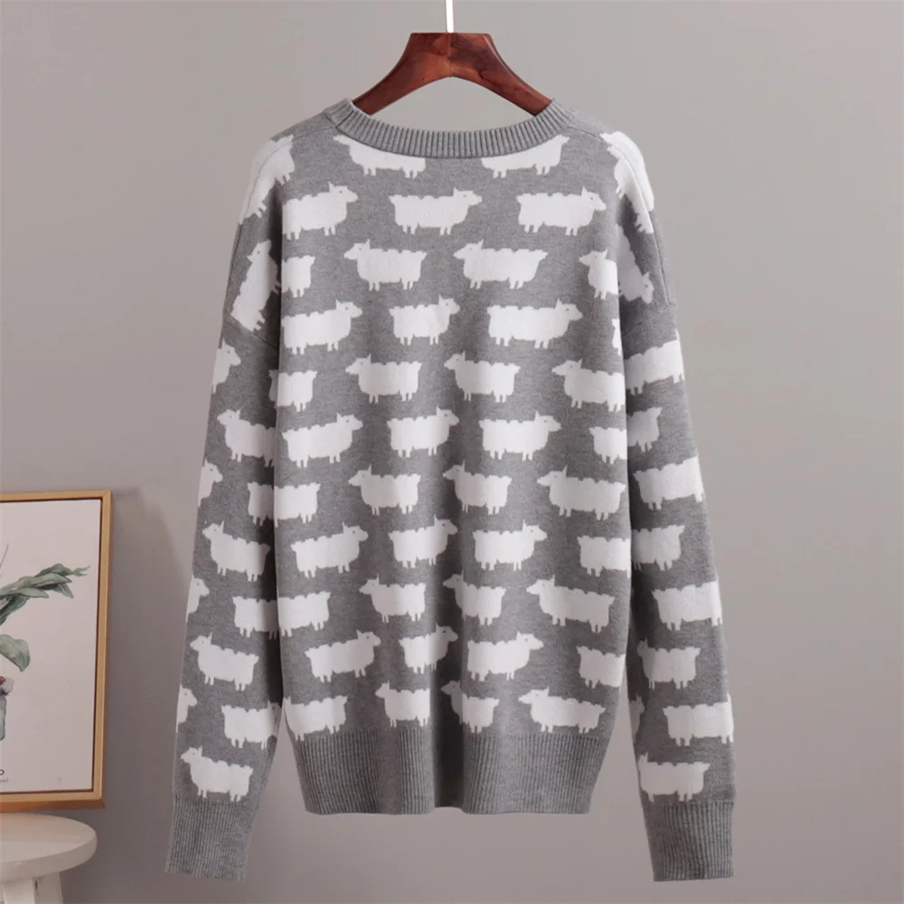 Women Loose Cartoon Sheep Sweater 2024 Autumn Winter O Neck Long Sleeve Pullover Casual Tops Female Knitted Sweater