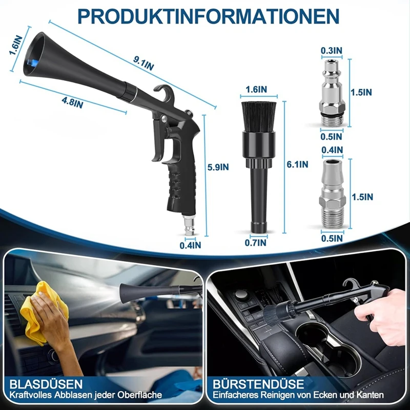 PZHI Car Cleaning Nozzles Set, Air Blow Nozzles for Interior Dryer Detailing, High Pressure Blower with 3 Adapters