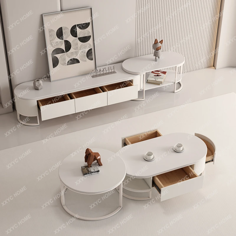 

Pure White Stone Plate Coffee Table Living Room Home TV Cabinet Modern Cream Style Oval Coffee Table Desk Combination