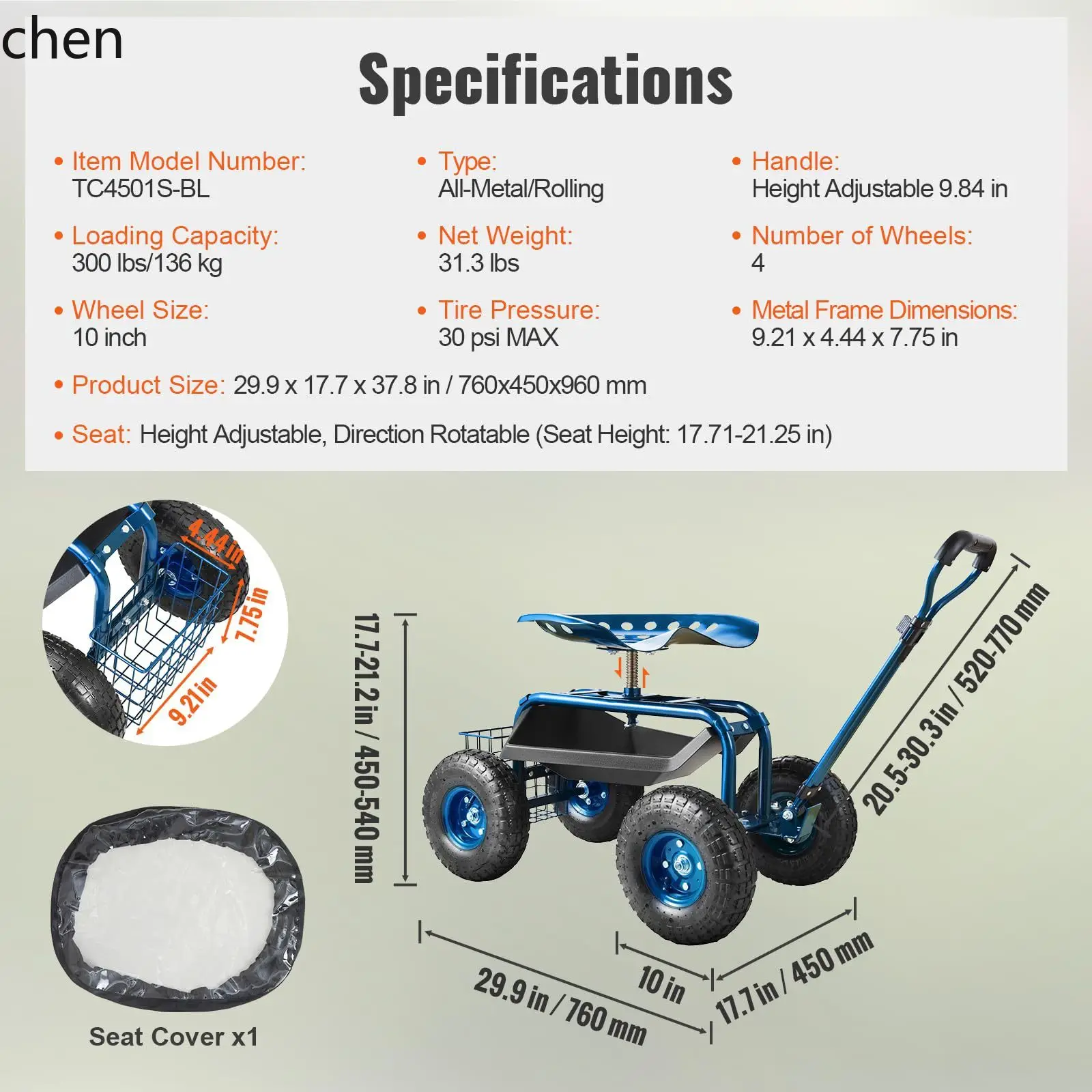 Hxl 360-degree rotating seat short handle garden trimmer seat cart