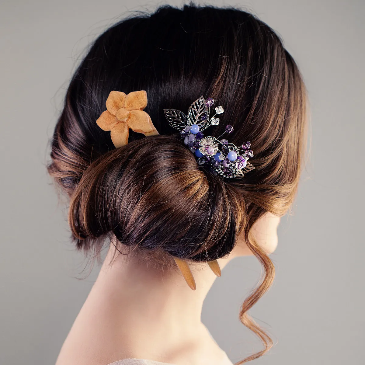 Wood Hair Stick Dual Tine Stabilizing Frame Hand Buffed Surface for Daily Casual Formal Ceremonial Use Flower Carved