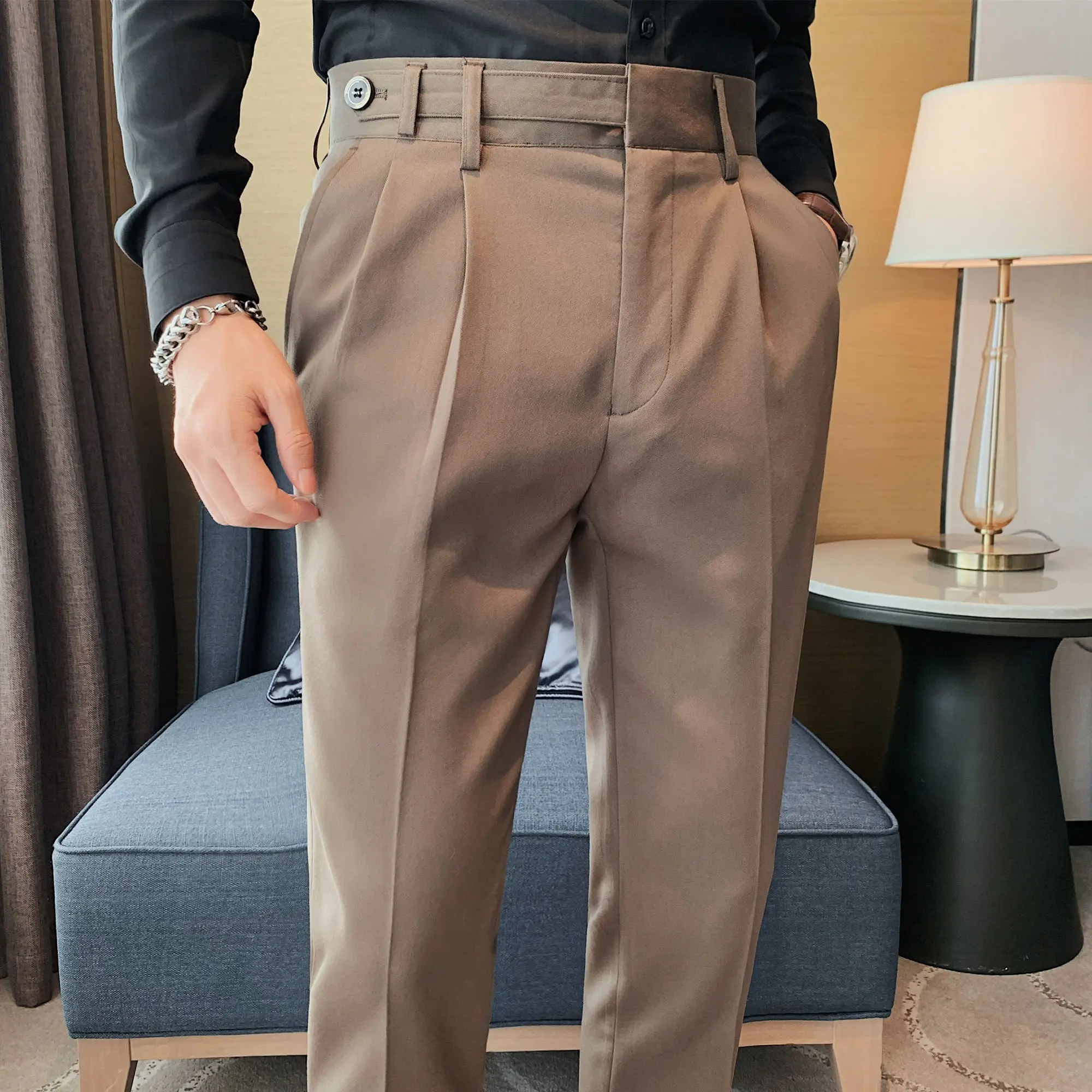 

2023 Men High Waist Casual Dress Pant Belt Design Slim Trousers Formal Office Social Wedding Party Suit Pants 29-36