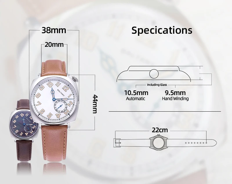 Baltany S4071 Retro-Herrenuhr in Kissenform, automatische mechanische Uhr mit Perlmutt-Zifferblatt und blauen Zeigern, elegante Kleideruhr für den täglichen Gebrauch im Büro – Detail 2