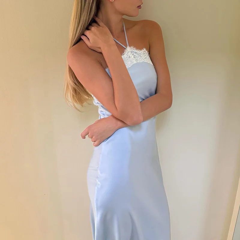 Slim Bodycon Summer Sleeveless Soft Casual Chic Bright Midi Dresses Designed For Women Street French Lace Patchwork Neck-Mounted