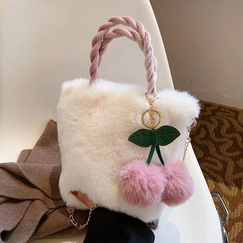 Sênior sentido cereja bolsa de pelúcia menina com corrente de pérolas moda casual simples bolsa de ombro grande capacidade para mulher