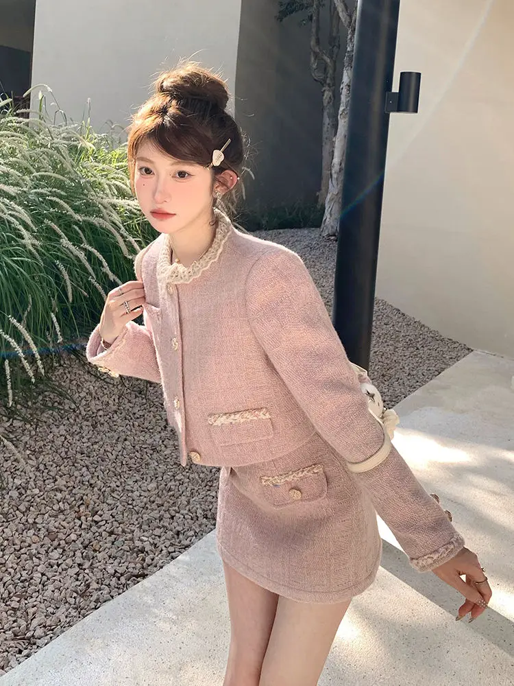 Rose Maiden Pink and Purple Chic Style Short Jacket and Skirt Two-Piece Set for Women, New Spring and Autumn High Quality Hot