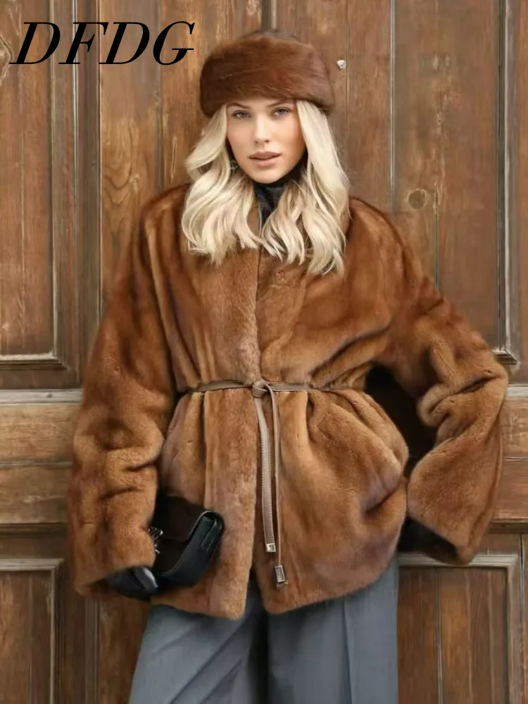 

DFDG Women’s 2025 Winter Minimalist Eco Faux Mink Shearling Coat Luxury V Neck Tie Belt Jacket Non Puffy Designer Outerwear Coat