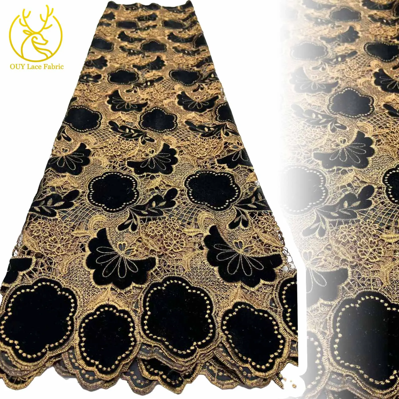 

2025 African Nigerian Velvet Guipure Embroidered Chiffon Lace Lace Fabric For Women Party Dress Sewing Material 5 Yards