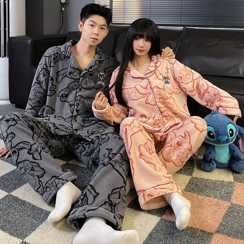 Disney Stitch Coral Velvet Winter Pajamas Men And Women With Velvet Two Piece Set Couple Pajamas Printed Embroidered Pajamas