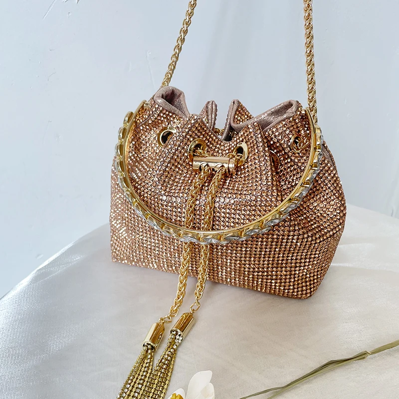 Woman Bucket Champagne Crossbody Metal Chain Bag Ladies Rose Gold Rhinestone Messenger Evening Bag Chic