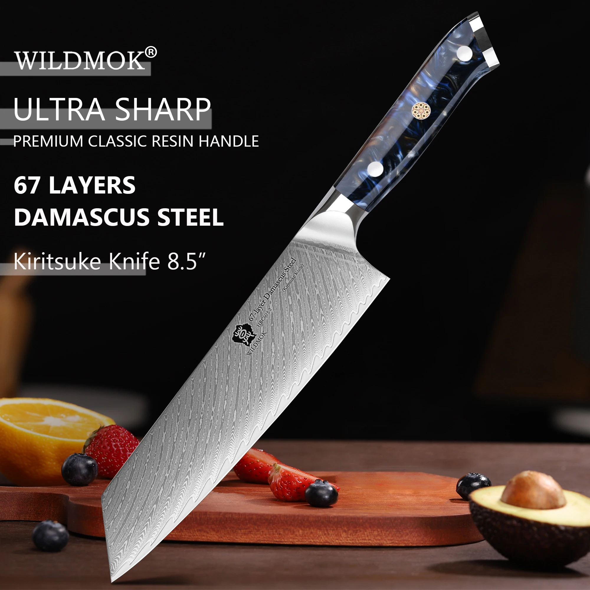 WILDMOK Kiritsuke-Messer, 8,5 Zoll Damast-Küchenmesser, Kochmesser mit Harzgriff, Premium Damaststahl-Küchenmesser