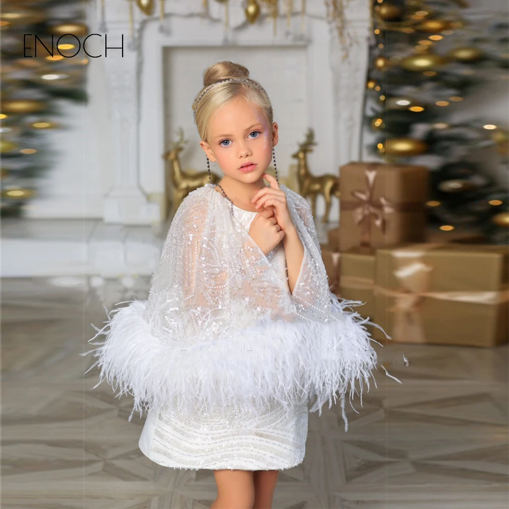 

ENOCH Cute Flower Girl Dresses With Fur Summer New White Scoop Full Sleeve Sequined Knee Length Formal Gowns Robes Pour Enfants