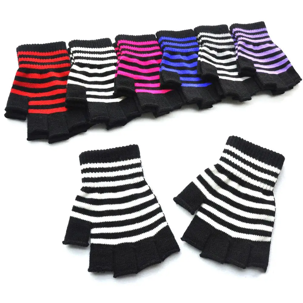 Striped Winter Warm Gloves Gothic Unisex One Size Knitting Fingerless Gloves  Elastic Student Stripey Comfortable Gloves