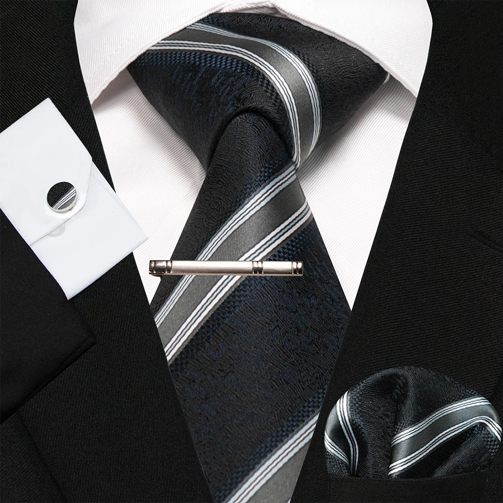 KAMBERFT Marineblau Gestreifte Seidenkrawatte für Herren, Modisches Design, Geschenkset mit Taschentuch und Manschettenknöpfen, Business-Party-Gravata – Detail 7