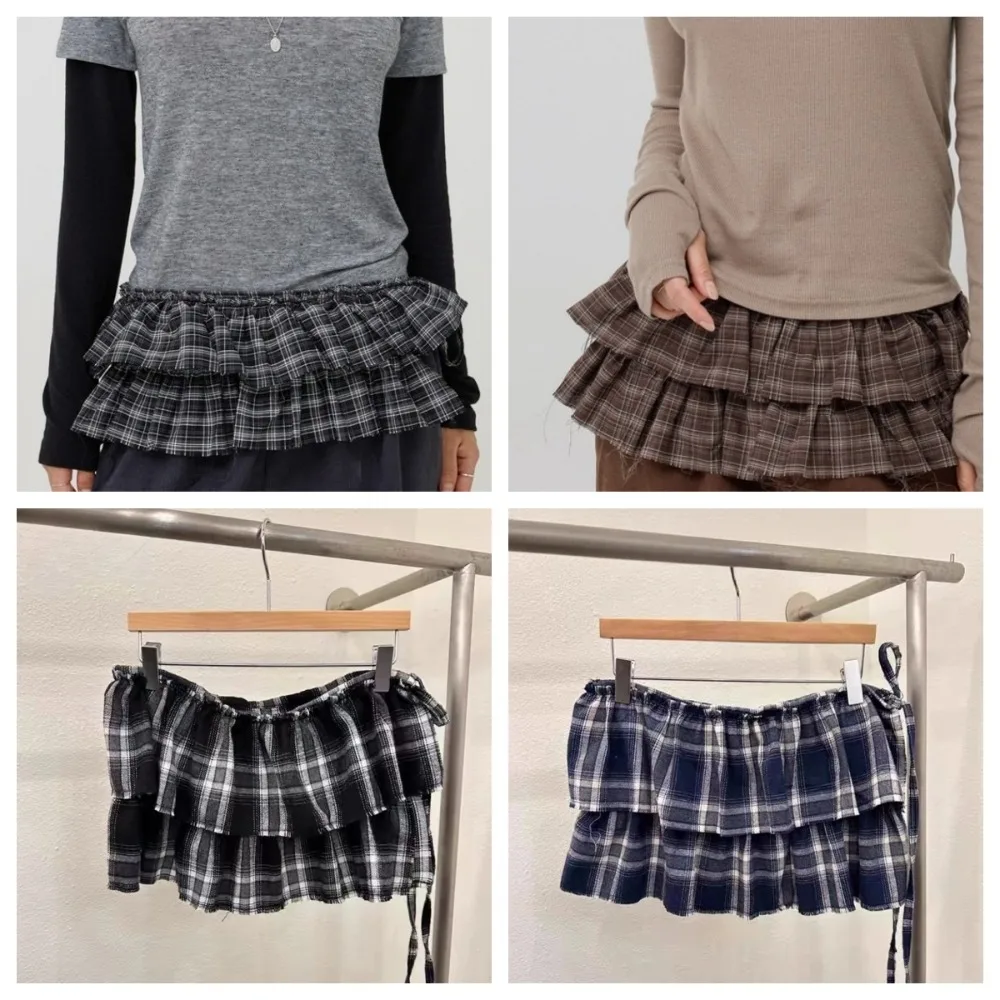 Hip-hop Layer Outfits Plaid Skirt Shirt Extender Y2K Lace Up Hip Scarf Sweet Korean Style Ruffled Edge Waistband Jeans Decor