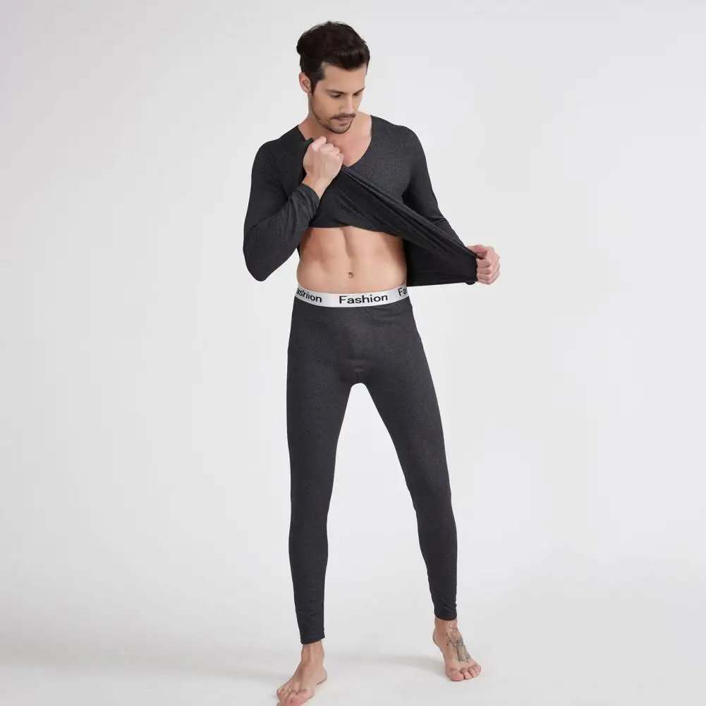 Cold Weather Thermal Outfit Men's Winter Thermal Underwear Set with V Neck Long Sleeve Top Slim Fit Pants Warm Plush for Sports