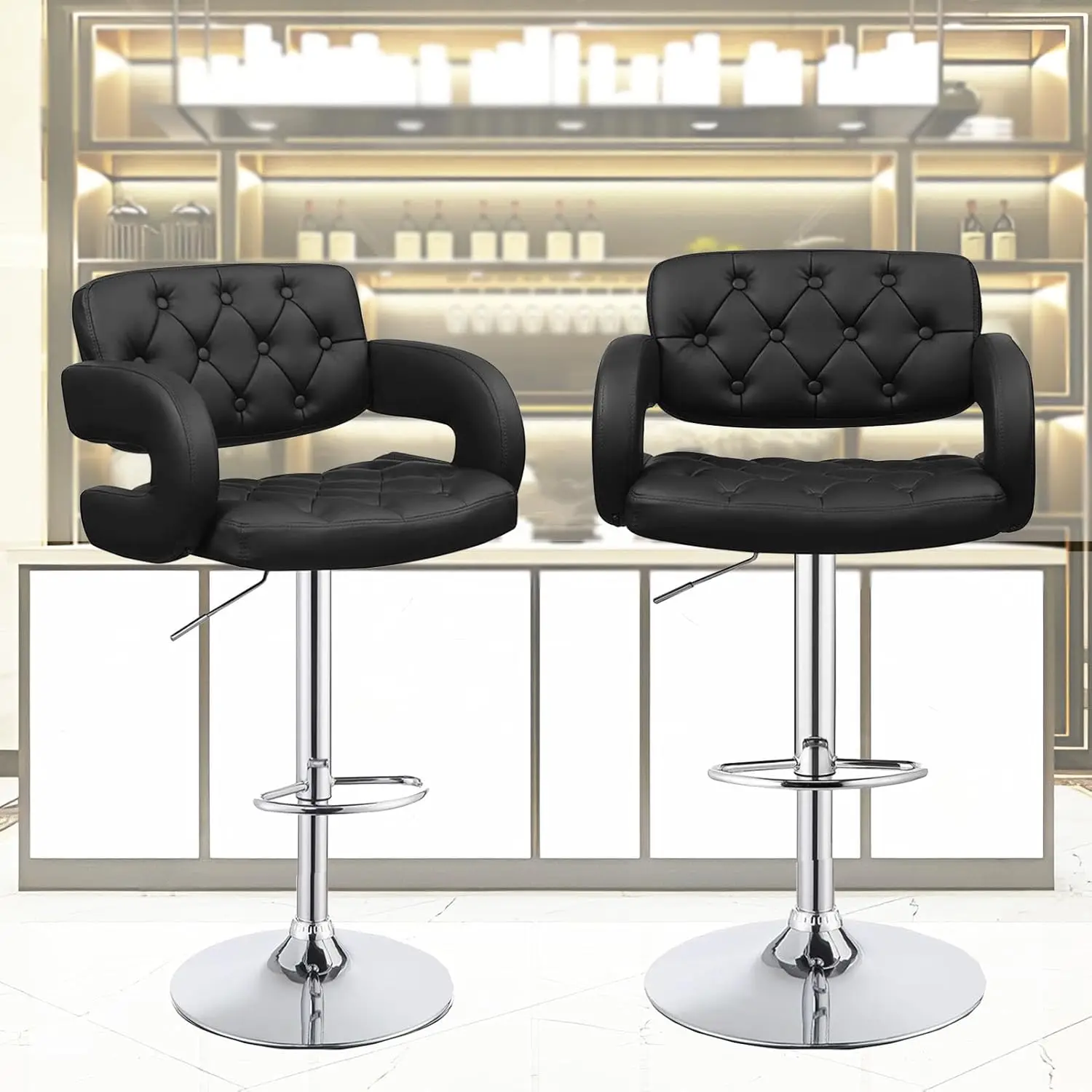 Adjustable Swivel Bar Stools, Pu Leather Bar Chairs, Kitchen Island Stools With High Backrest, Stainless Steel Frame, Counter