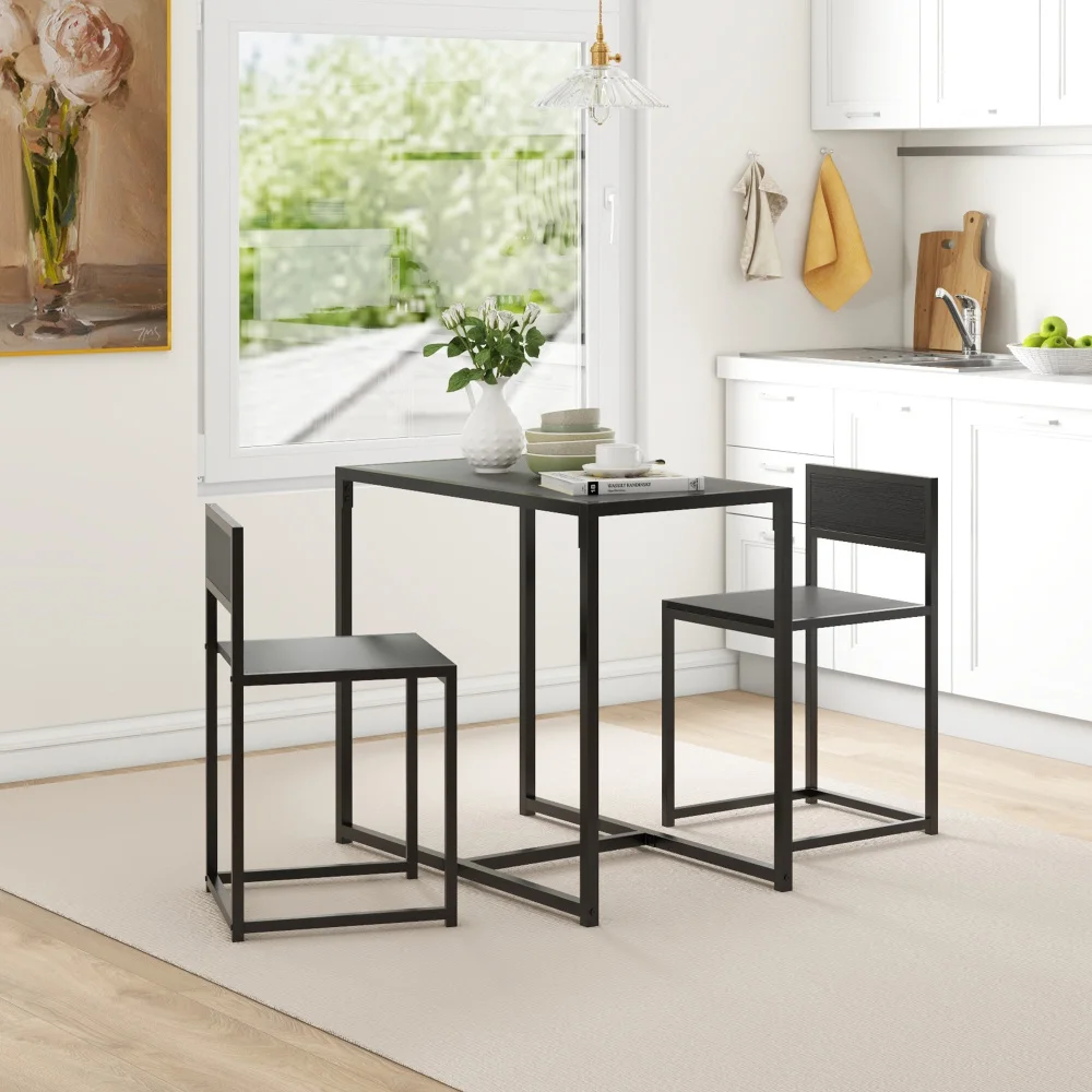 2‑Piece Compact Dining Table Set for 2, Dining Table with 2 Low‑Back Stools, Steel Legs with Footrest, Scratch & Water Resistant MDF Top for Small Apartment Kitchen