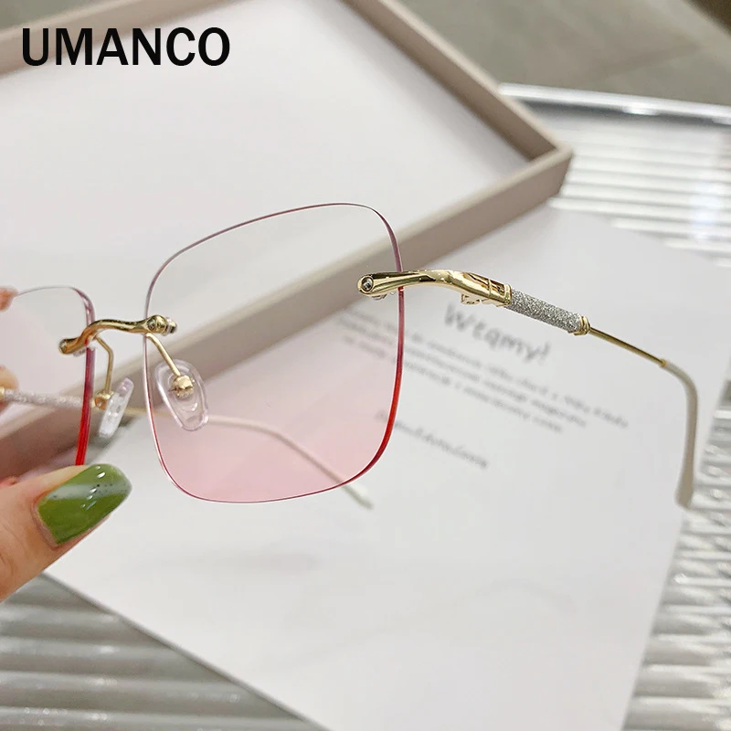 Fashion Women's Finished Myopia Glasses Anti Blue Light Square Rimless Rhinestone Edge Prescription Glasses -1.0 -1.5 -2.0 -2.5