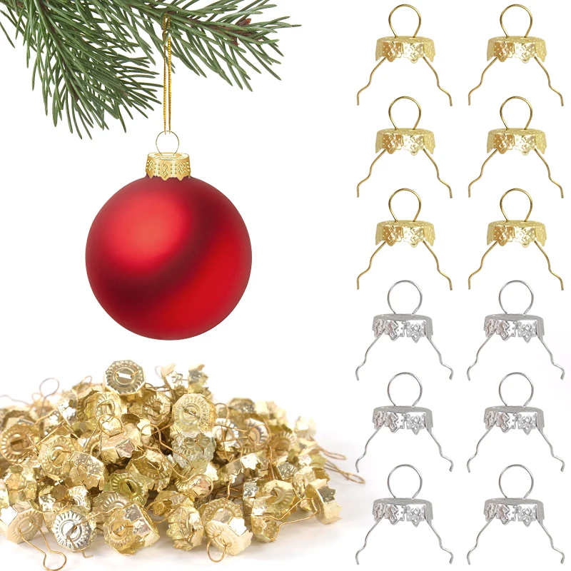 50/100pcs Round Christmas Ball Ornament Caps Gold Silver Removable Metal Hangers Cap Merry Xmas Decor For Home New Year Navidad