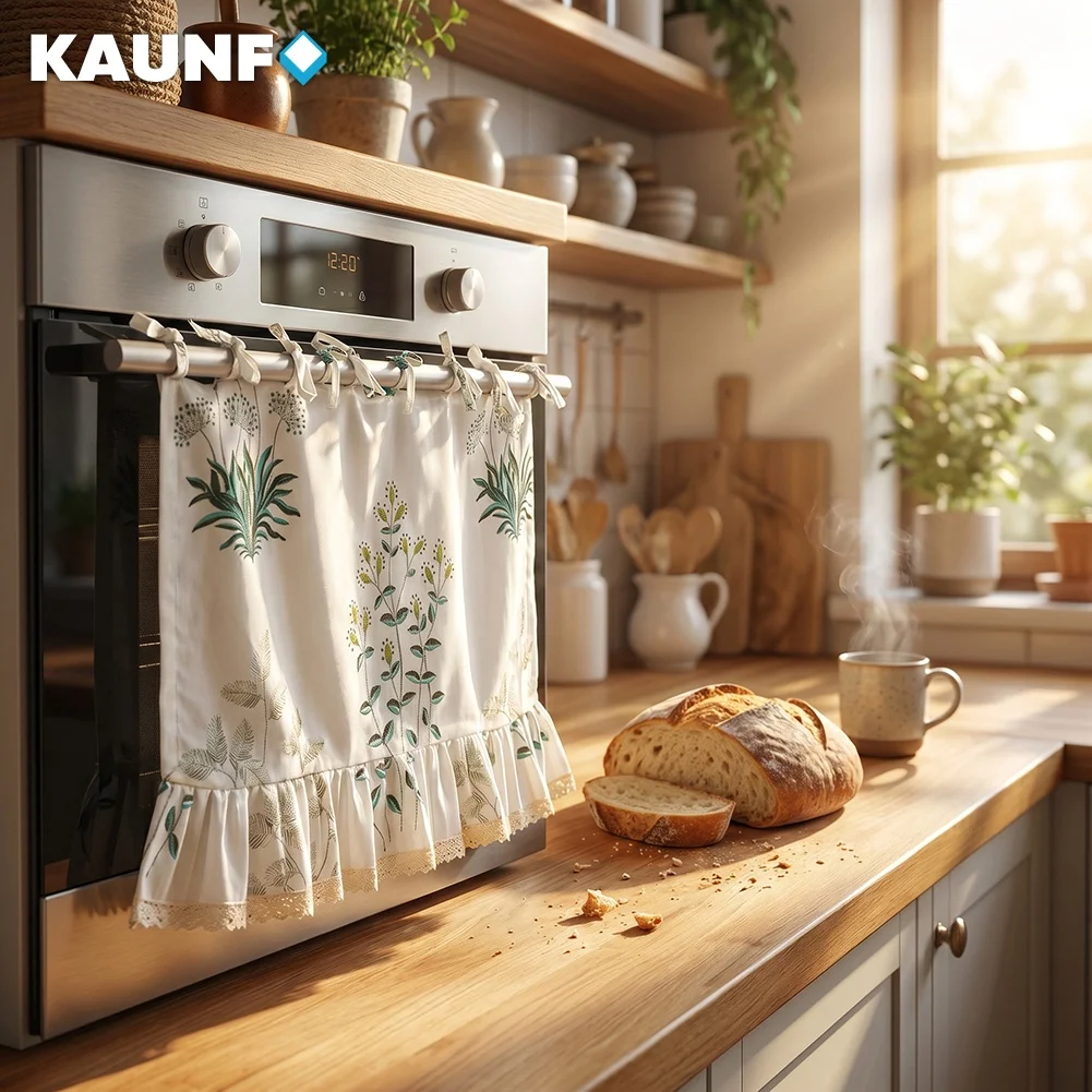 Farmhouse Botanical Plant Print Tier Curtain Ruffled Lace Trim Half Curtain Tie Top Kitchen Oven Cabinet Decor Cafe Curtain