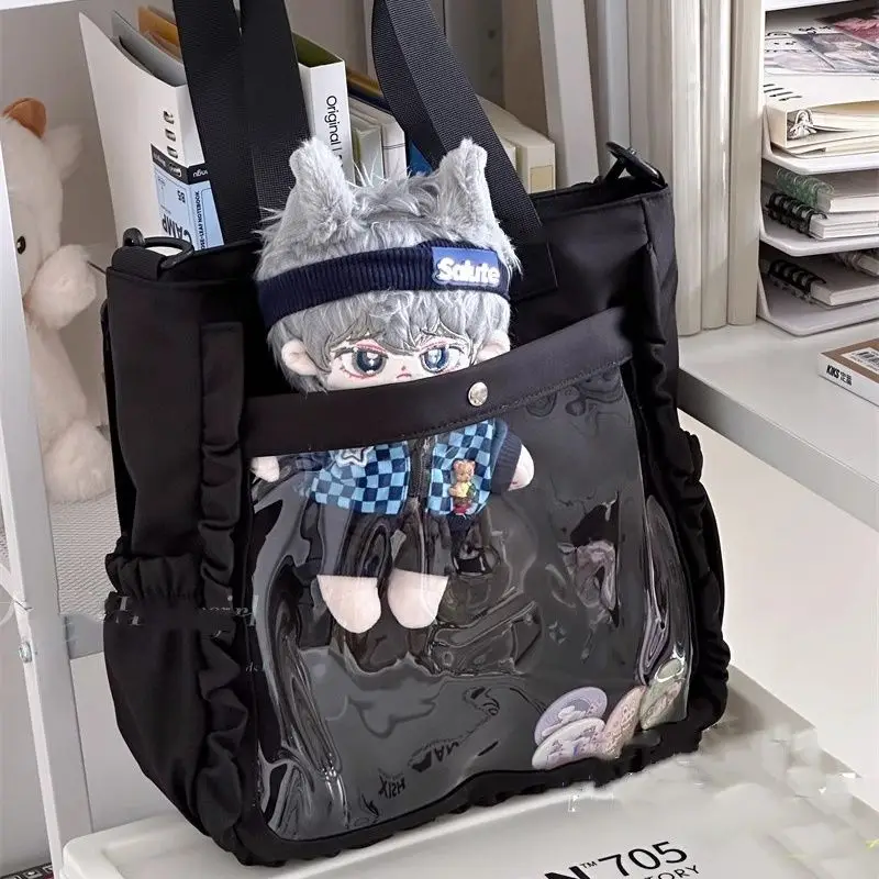 HAEX Lolita Women Tote Bags Fashion Students Transparent Badge Doll Shoulder Bags Large Capacity Commute Ruched Messenger Bolso