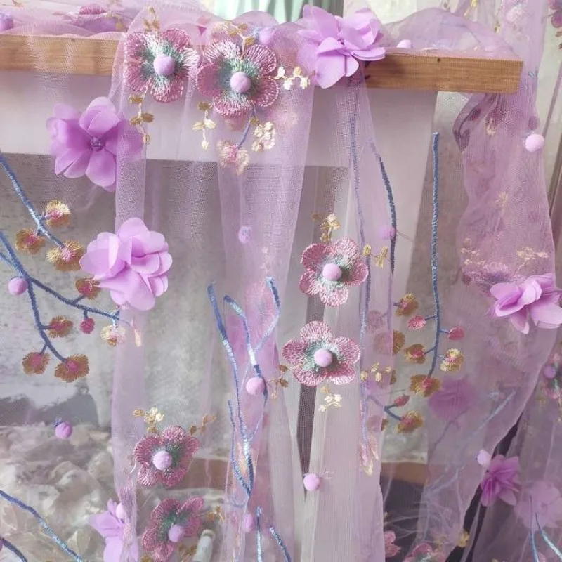 Purple Flower Mesh Fabric DIY Handmade Clothing Material Embroidery Sweet Fairy Dress Fabrics Curtain Tablecloth Accessories Ins