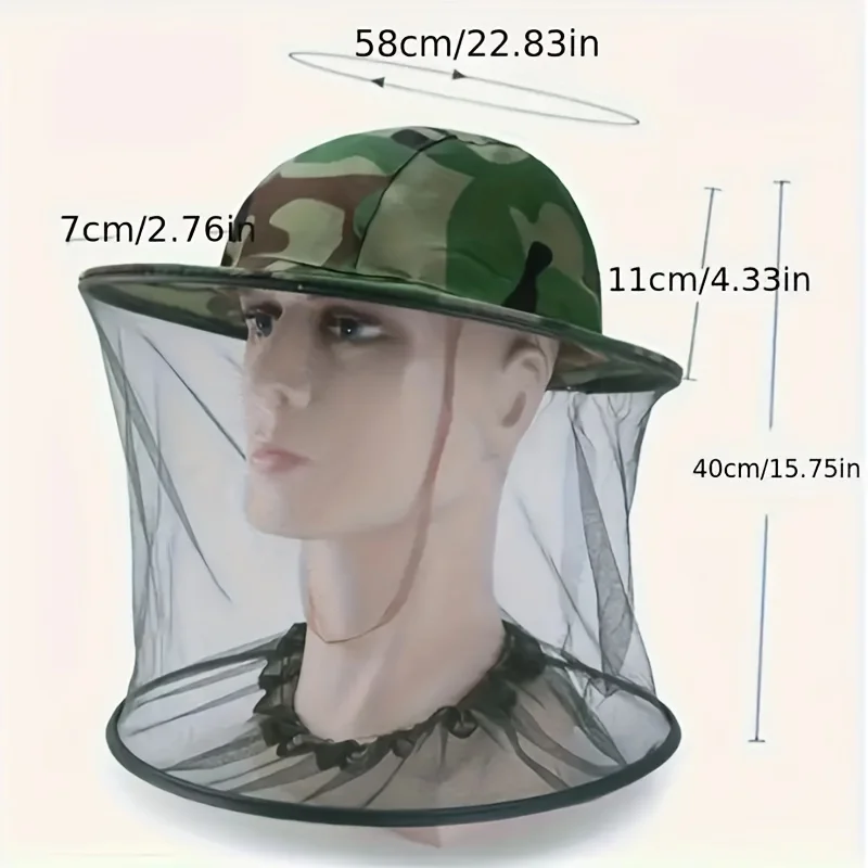 Adjustable camouflage mosquito-repellent cap with mesh face and neck cover – EVA material, machine washable