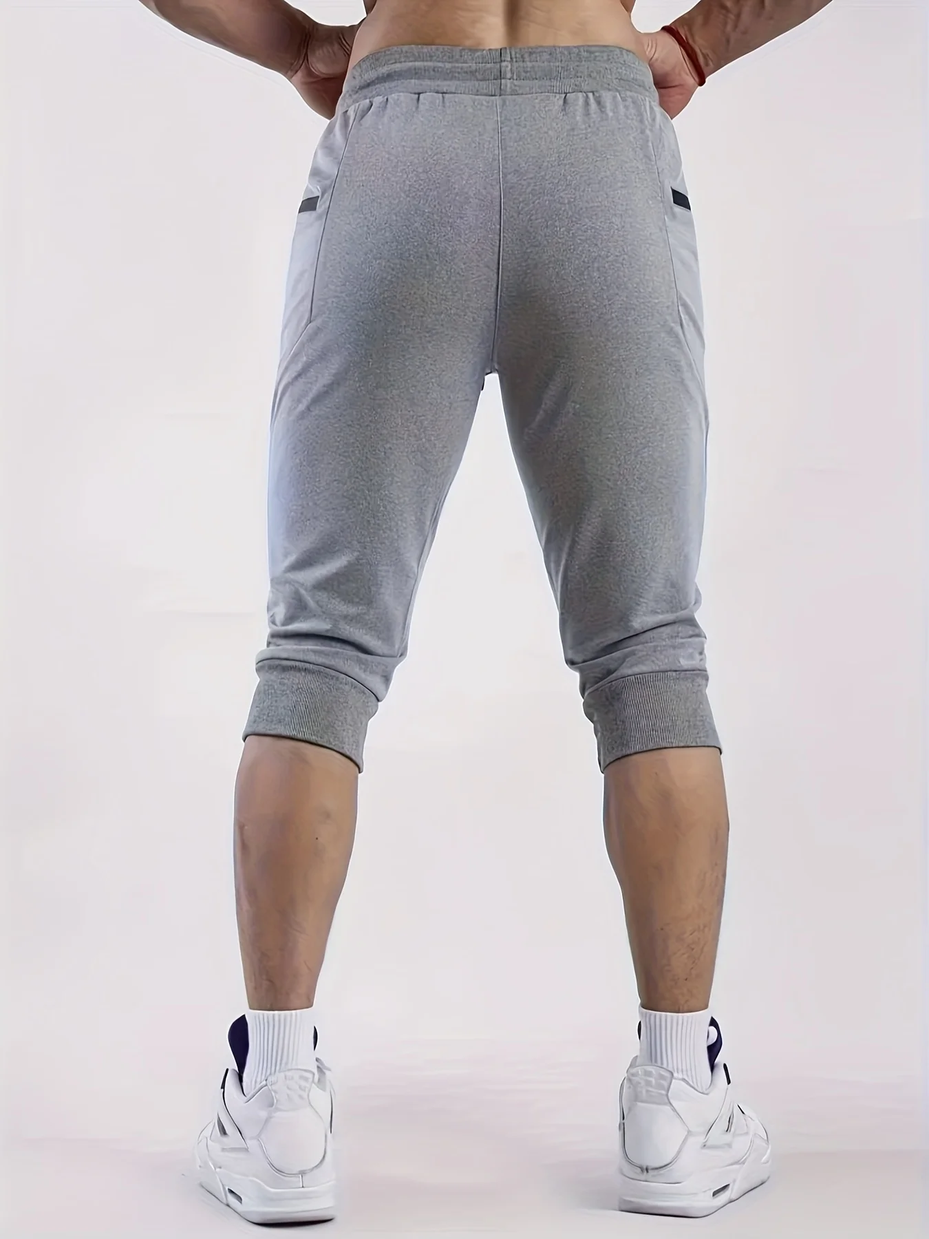 メンズ 3/4丈 アスレチックパンツ ドローストリングウエスト ジッパーポケット付き スポーティースタイル ワークアウトや日常着に最適