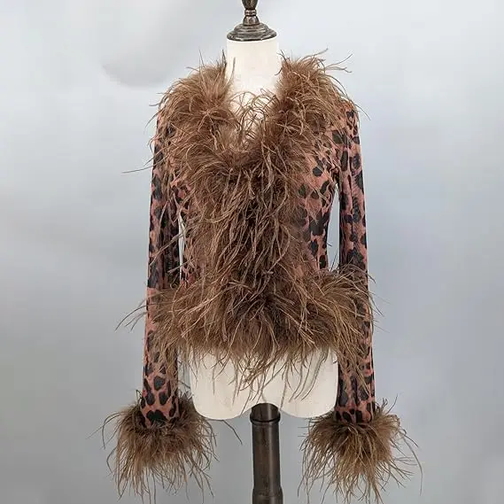 Women See-Through Top with Real Ostrich Feather Brown Black Cropped Jacket Top Bolero 240711