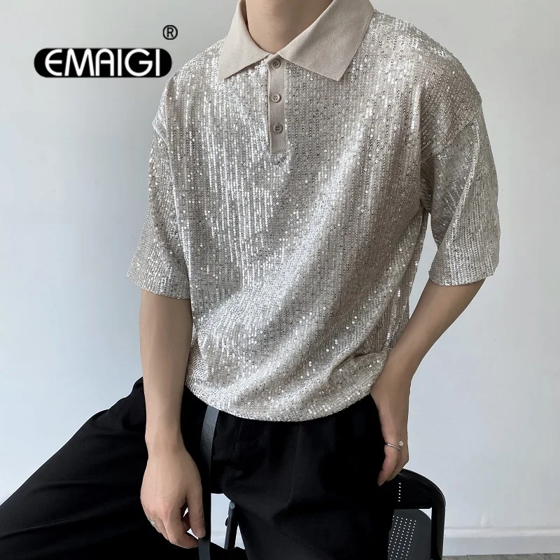 

Tshirt Men Velvet Embroidery Sequins Short Sleeve Loose T-shirt Male Streetwear Vintage Fashion Tops Tees Shirts Stage Clothing