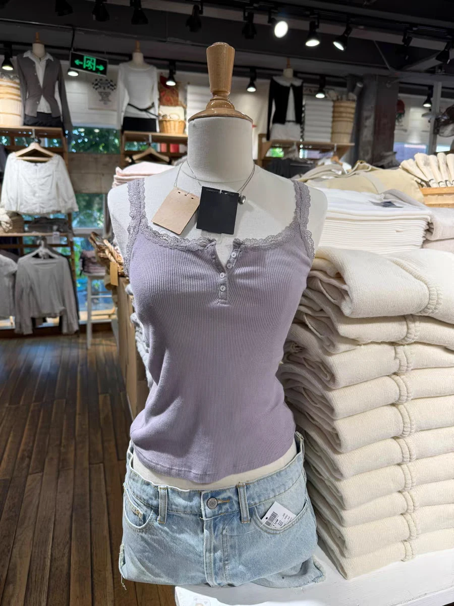 

Lace Trim Purple Ribbed Slim Tank Top Women Three Buttons Cotton Sleeveless Camisole Summer Sweet Cute New Basic Crop Tops Y2k