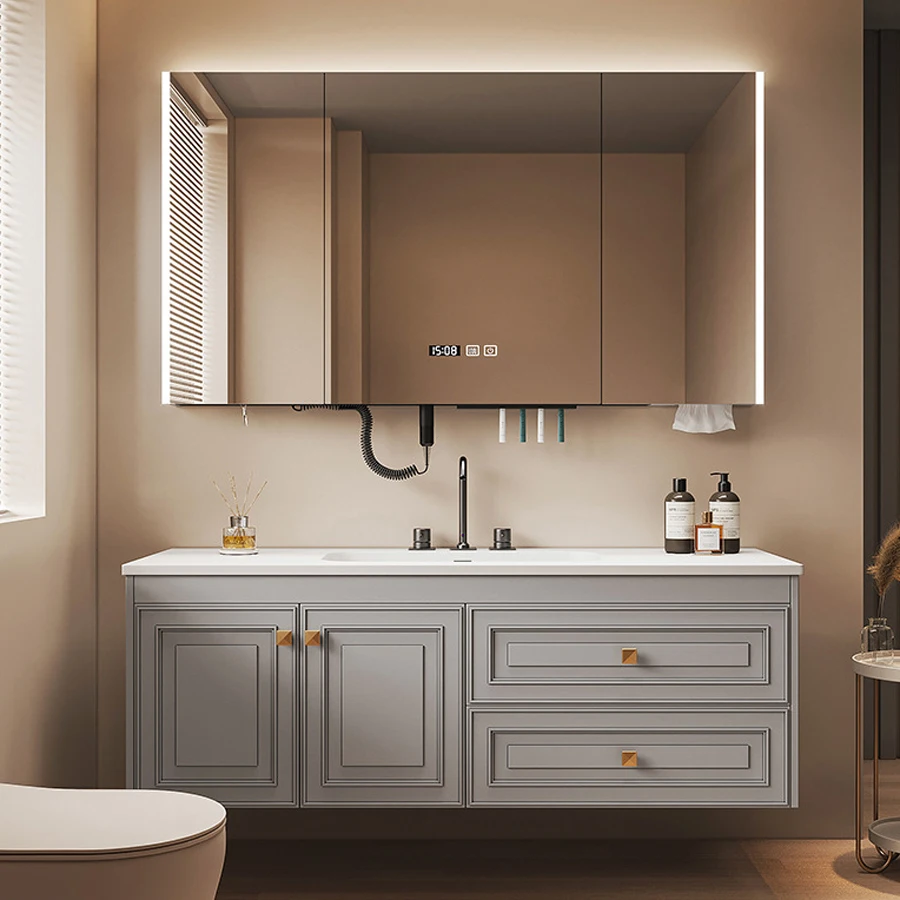 

#2024 custom luxury quartz counter top set ready made mirror small wood wall mounted modern sink bathroom cabinet vanity