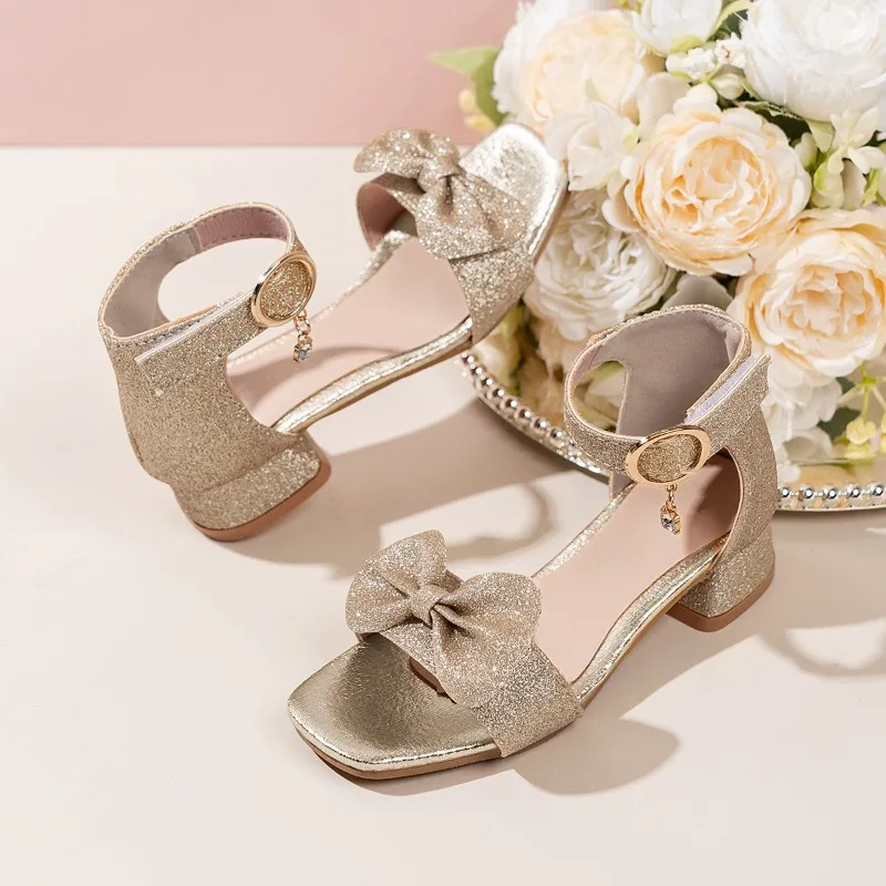 Children's Gold Glitter Sandals - Large Bow Decor Ankle Buckle Low Heel Elegant Party Footwear for Kids Girls Shoes 27-37