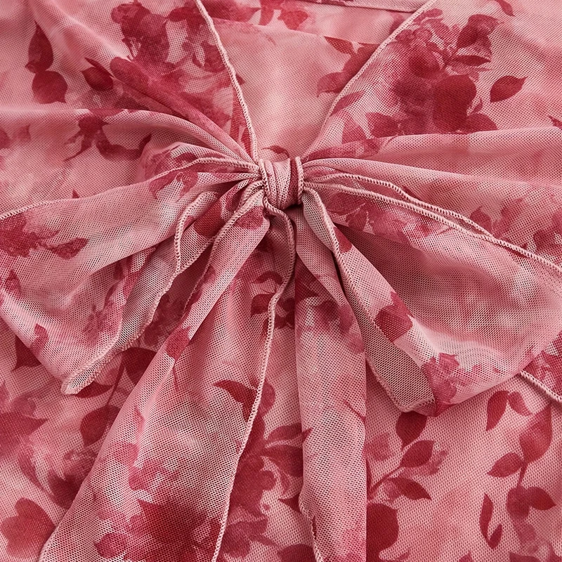 Zomer Dames Y2k Bloemenprint Zoete V-hals T-shirts Mesh Strand Feestjurk Top Flare Mouw Vierkante Kraag Lace Up Shirt 2025