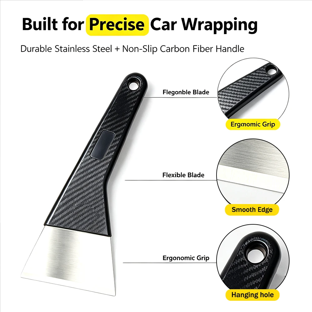 Stainless Steel Window Tint Scraper Carbon Fiber Handle Squeegee Car Vinyl Wrap Film Installation Adhesive film tool view 4